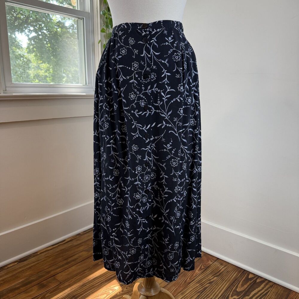 Vintage 90s Black Floral Maxi Skirt Button Front A-Line Botanical Skirt